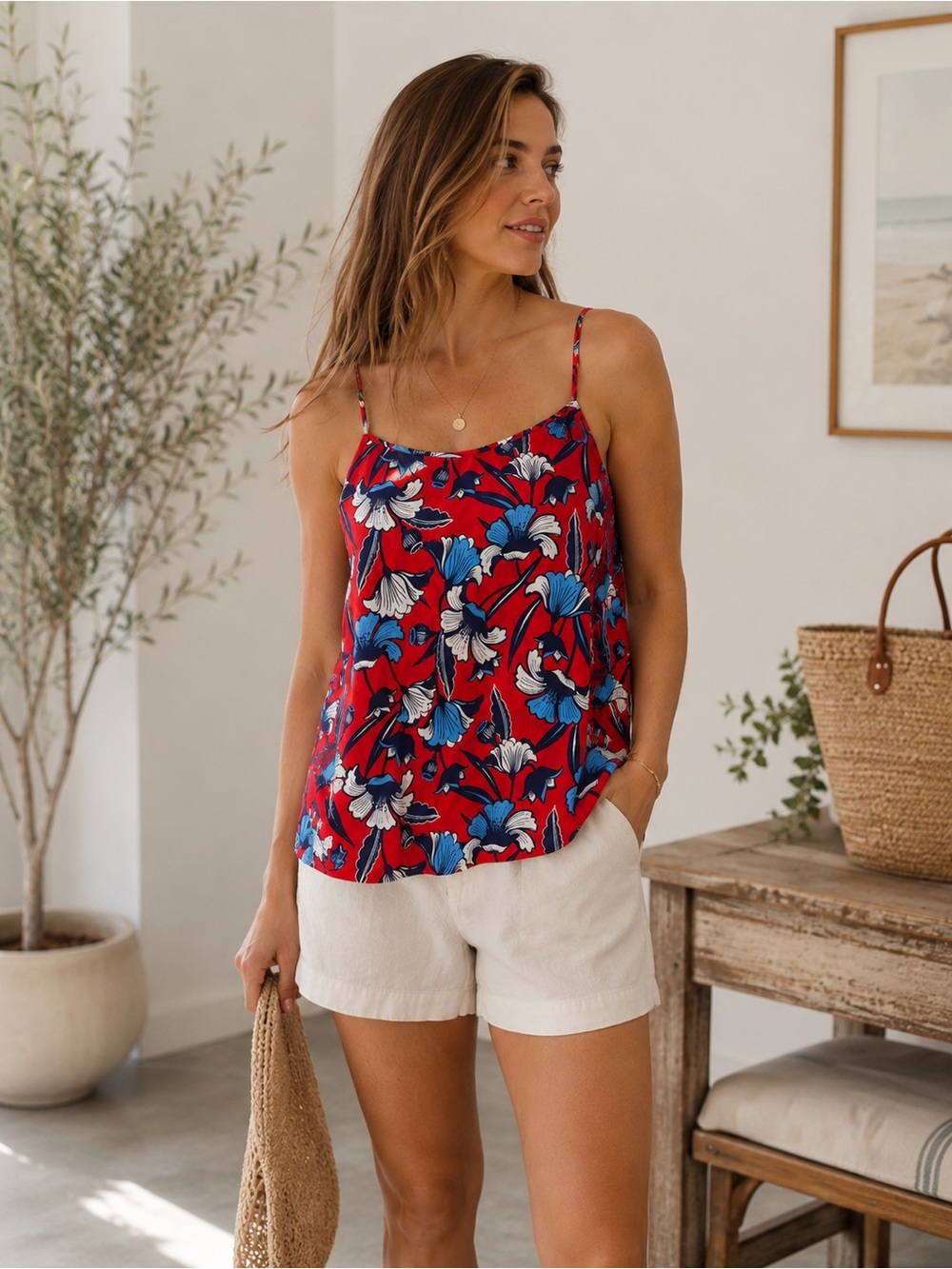 J.Crew Red Blue Floral Cami Tank Top Size 10 Summer Vacation